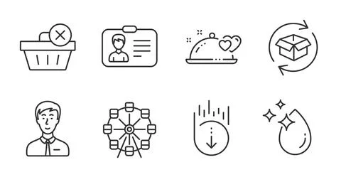 Scroll down, Water drop and Return parcel icons set. Vector Stock Illustration