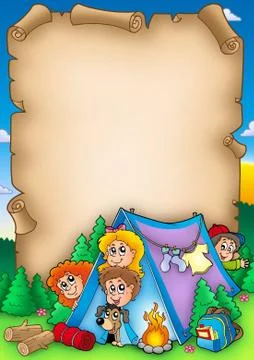 Scroll with group of camping kids Stock Illustration