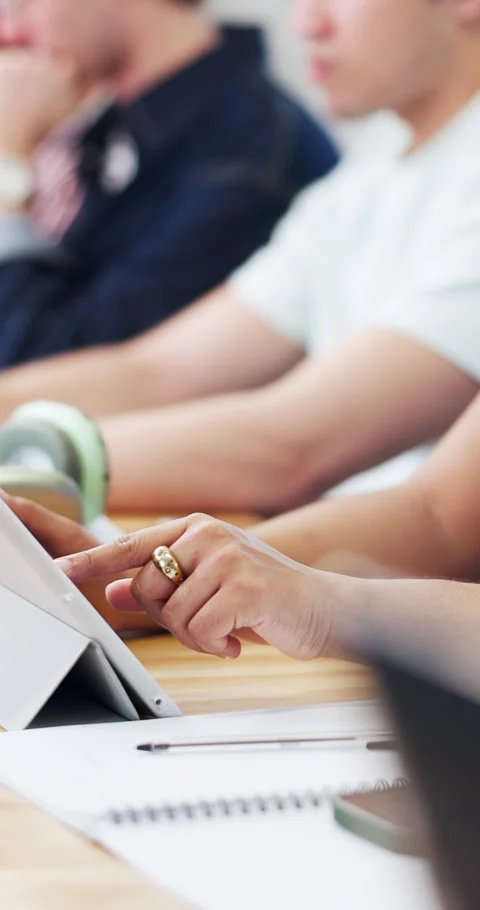 Scroll, hands and student on tablet in classroom for learning, lesson and online Stock Footage 346870279