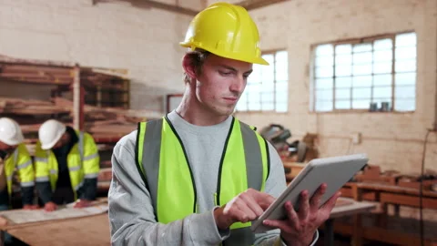 Scroll, inspection and man with tablet in carpentry warehouse for building or Video stock 338045187