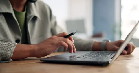 Scroll, journalist or hands in agency with laptop, industry research or edit of Stock Footage 324377976