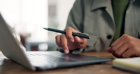 Scroll, journalist or hands in office with laptop, industry research or edit of Stock Footage 324377750