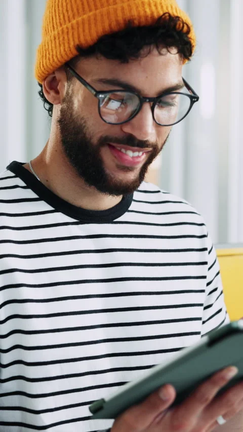 Scroll, man and tablet in office with smile, article planning and research with Stock Footage 333253554
