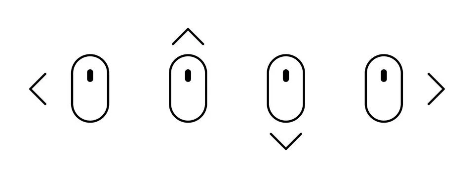 Scroll mouse direction icon set. Scrolling down, up, left and right arrow c.. Stock Illustration
