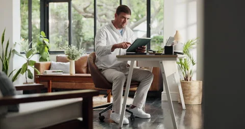 Scroll, online and man with tablet, home office and copywriting on social media Stock Footage 329357552