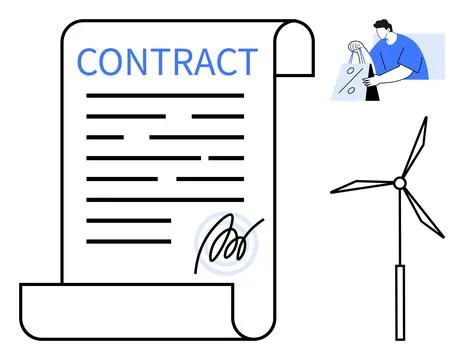 Scroll of paper with Contract written at the top, signed at the bottom, perso Ilustração Stock