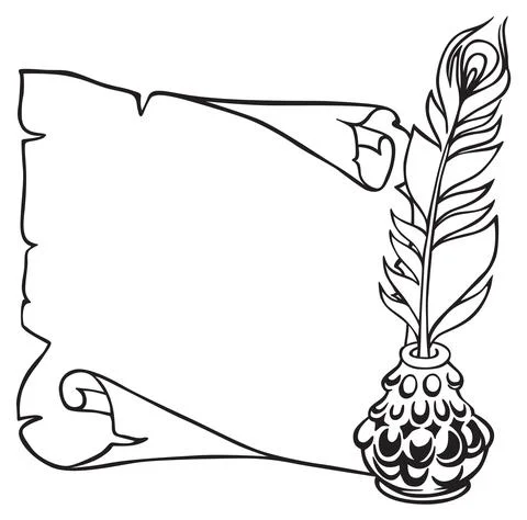 Scroll of paper, feather and inkwell in vintage sketch style. Hand drawn vector Stock Illustration