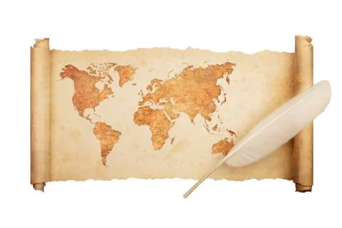 Scroll Paper with World Map and Feather Stockfoto's