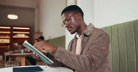 Scroll, reading and man in restaurant with tablet, data gathering and analysis Stock Footage 318276071