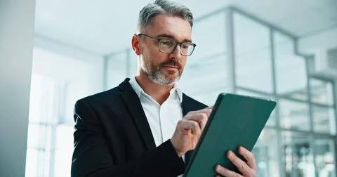 Scroll, reading and tablet with business man in office for account review, stock Stock-Fotos