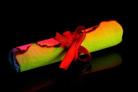 Scroll with a red bow-the texture of old paper for the creativity of writing. Stock Photos