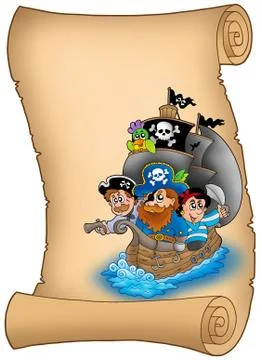 Scroll with saiboat and pirates Stock Illustration