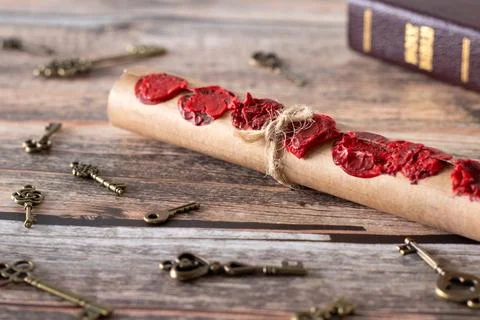 Scroll with seven wax seals and ancient keys on wood with holy bible Stock Photos