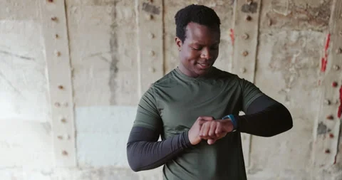 Scroll, smart watch and man check health stats, data and tracking and happy with Stock Footage 249582185
