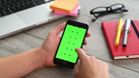 Scroll on Smartphone with Green Mock-up Screen Chroma Key Gestures on touch Stock-Footage 336249705