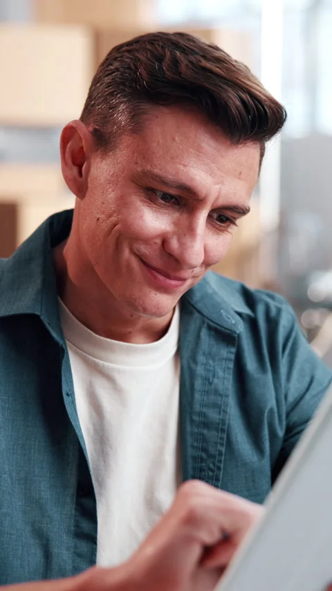 Scroll, tablet and man in small business for distribution, ecommerce or supply Video stock 342312530