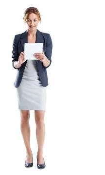 Scroll, tablet and reading with business woman in studio for research, property Stock Photos