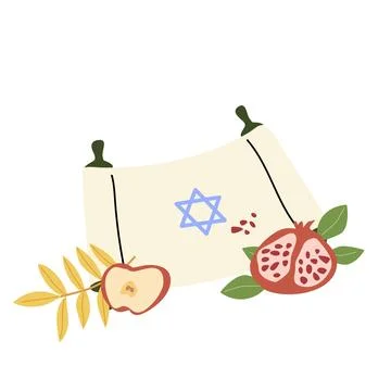 Scroll of tora with pomegranate and apple slices. Stock Illustration