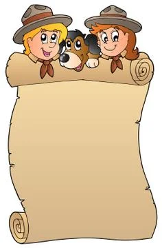 Scroll with two scouts and dog イラスト素材