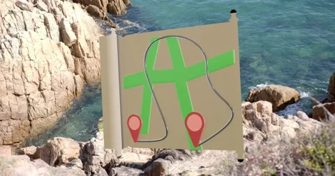 On scroll unfurling beige scroll map unfolding drawing looping green route Stock Footage 334031217