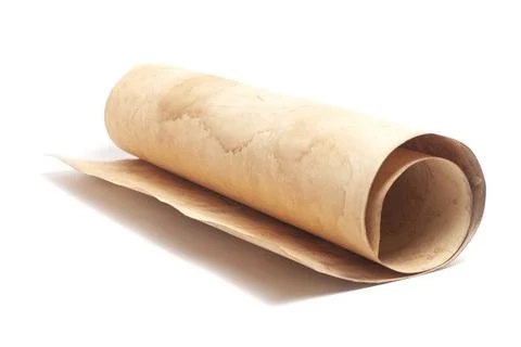 Scroll of vintage paper isolated on white. Stock-Fotos