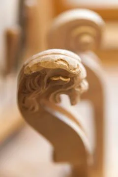Scroll of a violin in a violin maker's workshop 스톡 사진