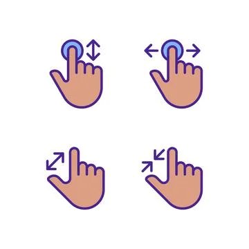 Scrolling and magnifying gestures pixel perfect RGB color icons set Stock Illustration