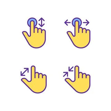 Scrolling and zooming gestures pixel perfect yellow RGB color icons set Stock Illustration