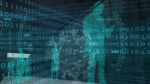 Scrolling binary code activating UI, male avatar holding tablet, viral sphere Stock Footage 319573942