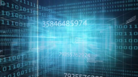 Scrolling binary code initiating rotation 3D grid expanding and shifting to Stock Footage 311916262