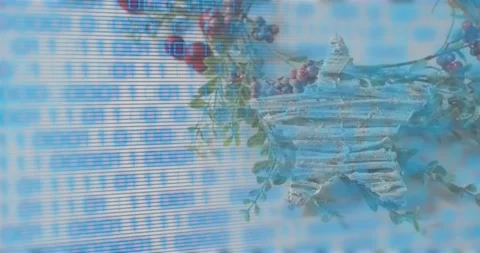 Scrolling binary code shimmering over star ornament with berries, creating Stock Footage 327784751