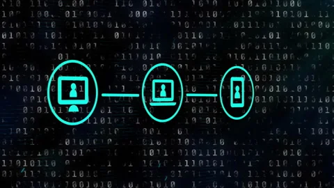 Scrolling binary digits activating three teal icons pulsing, syncing and Stock Footage 312240751