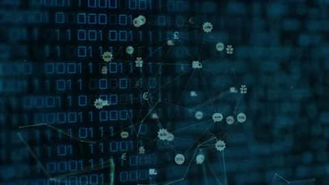 Scrolling binary digits causing nodes linking into network showing data streams 库存影片 313307623