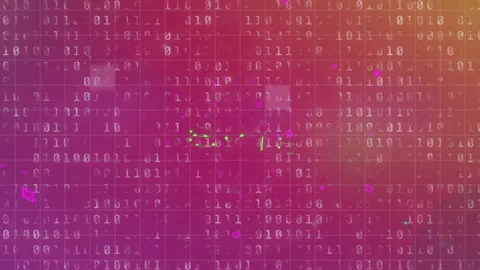 Scrolling binary digits forming cyan particles, scanning neon bars, assembling 库存影片 311475272