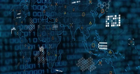 Scrolling binary digits initiating map fade nodes popping pulsing showing data 스톡 동영상 310283467