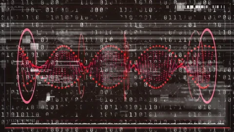 Scrolling binary digits initiating sine waveform, pink ellipses framing pulsing Stock Footage 311885143