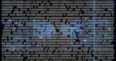 Scrolling binary digits pattern covering digital display, showing grid lines  イラスト素材