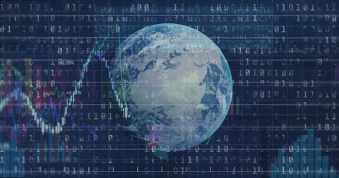 Scrolling binary digits sparking Earth appearing, charts growing and shifting Stock Footage 314791512