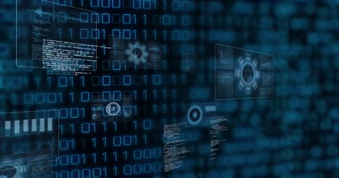 Scrolling binary digits starting HUD icon fading and panel sliding, panning 库存影片 310283458