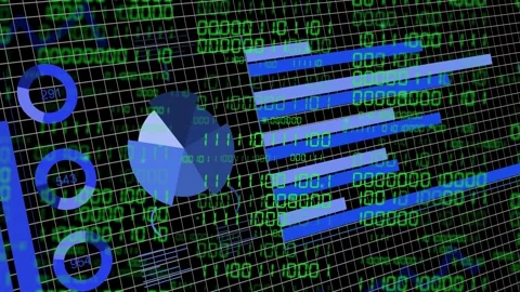 Scrolling binary digits starting motion, charts rotating and bars shifting Stock Footage 335317444