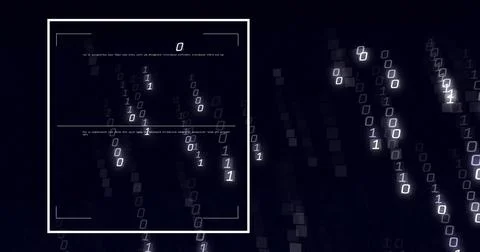Scrolling binary digits in white viewfinder overlay on dashboard, with Stock Illustration