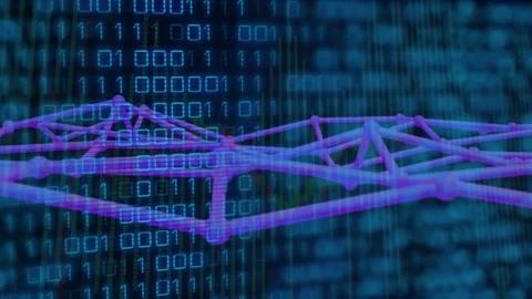 Scrolling binary driving purple mesh shifting, rising, peaking while showing Stock Footage 331789743