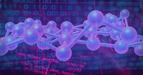 By scrolling binary, glass 3D lattice drifting right, centering, nodes rotating, Stock Footage 328656321