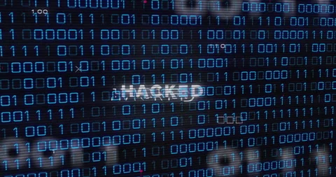 Scrolling binary grid sparking blurred HACKED label sharpening, glowing red Stock Footage 311900891