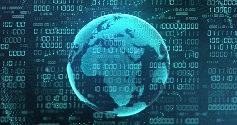 Scrolling binary grid spurring wireframe globe emerging rotating for network, 5G Stock Footage 329114855