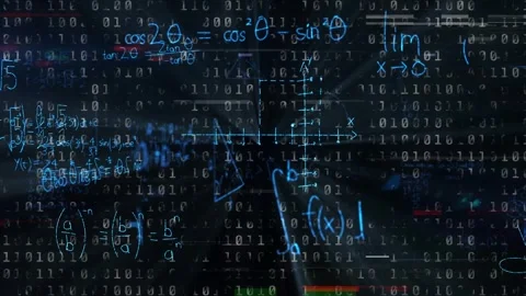 Scrolling binary matrix initiating neon-blue math marks drawing and expanding Video stock 334743924
