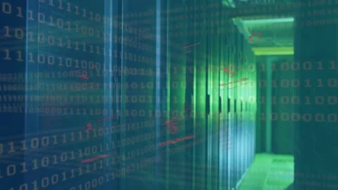 Scrolling binary overlay starting red alert icons appearing and sliding over Stock Footage 334881791