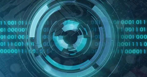 Scrolling binary streams on digital screen, rotating HUD rings, radial arcs and Stock Illustration