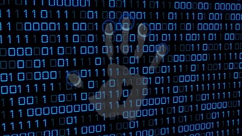 Scrolling blue binary code causing grey handprint fading sharpening icons 動画素材 310141112