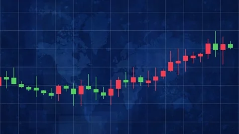Scrolling candlestick chart financial data grid overlay with abstract blue 스톡 동영상 332606781